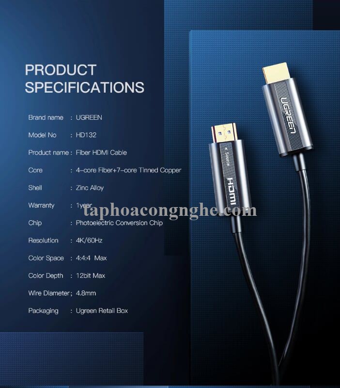 Ugreen 50716 5M màu Đen Cáp tín hiệu HDMI chuẩn 2.0 sợi quang cao cấp HD132 30050716